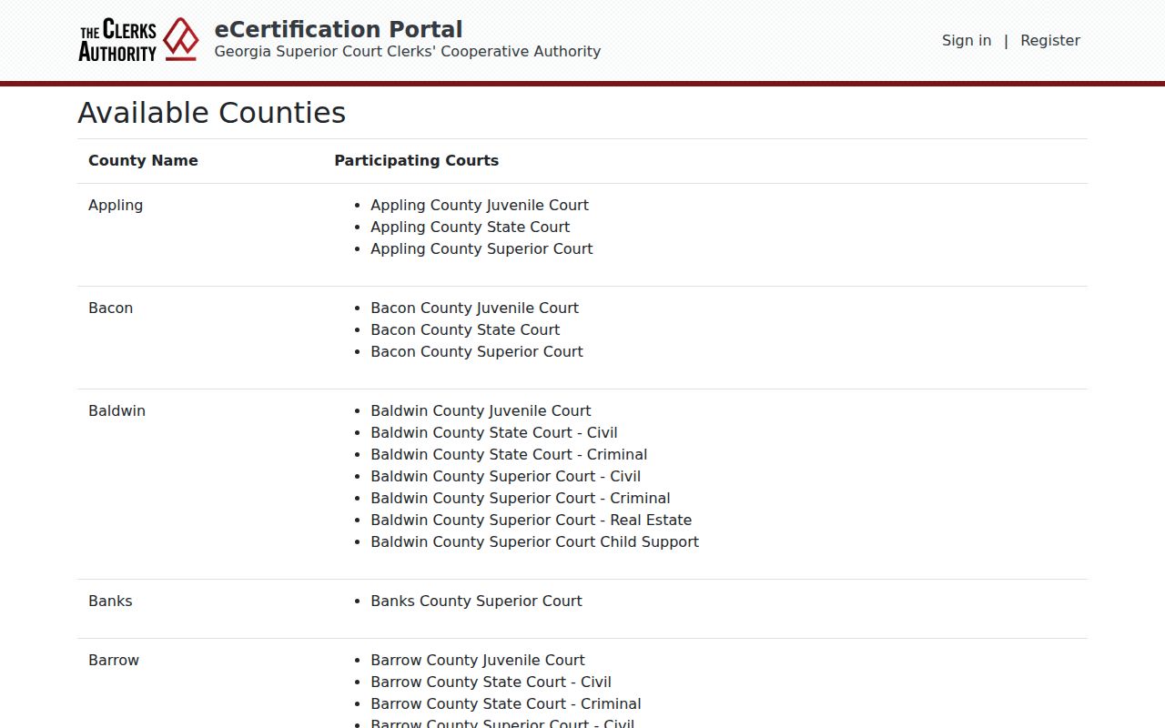 GSCCCA listing for Echols County Superior Court criminal eCertification